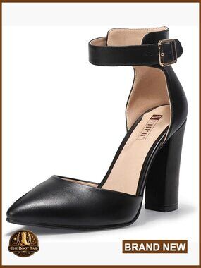 Pointed Toe Block Heel Pumps with Ankle Strap Chunky Heels